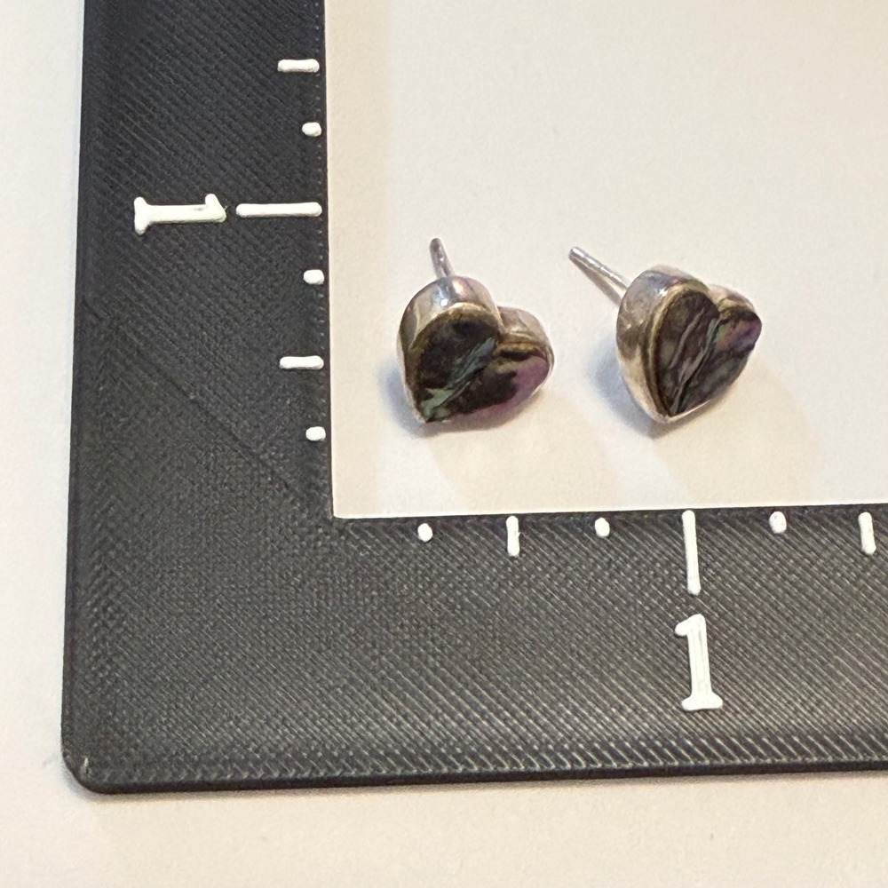 Lovely! Vintage Sterling Silver Heart Earrings Abalone Shell Peyote Bird PB - Picture 5 of 6